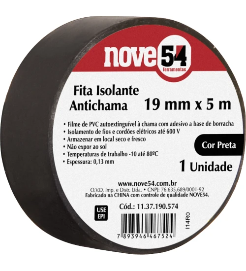 FITA ISOLANTE ANTICHAMA 19 MM X 5 M PRETA NOVE54